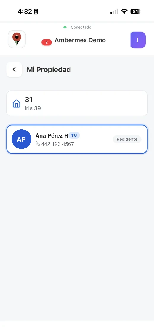 Pantalla de propiedades en la app del residente