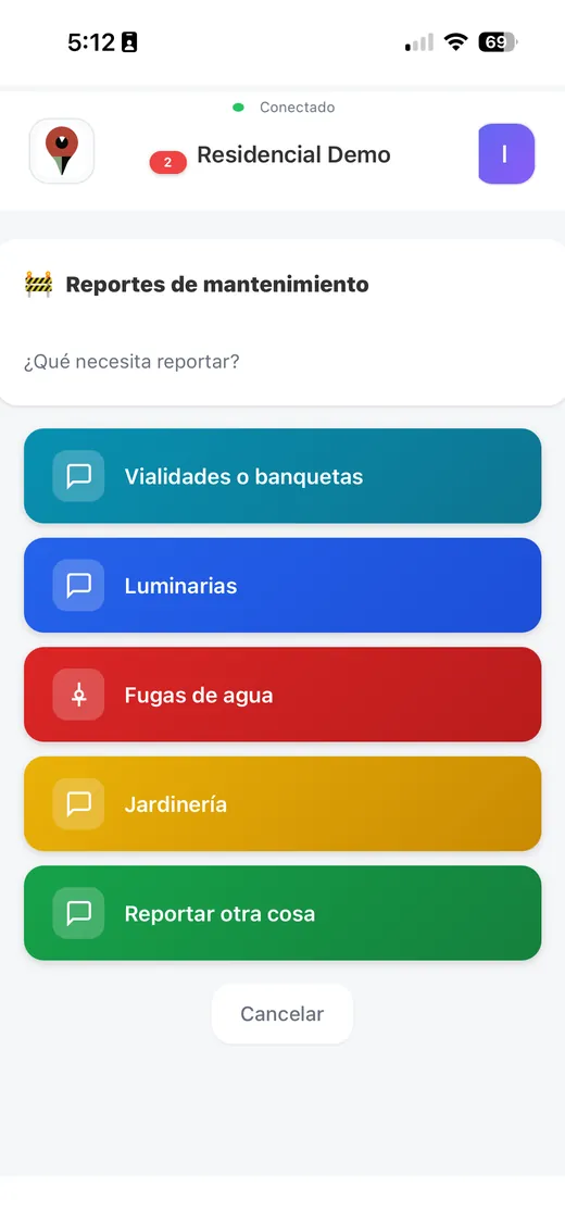 Pantalla de reportes de mantenimiento en la app del residente